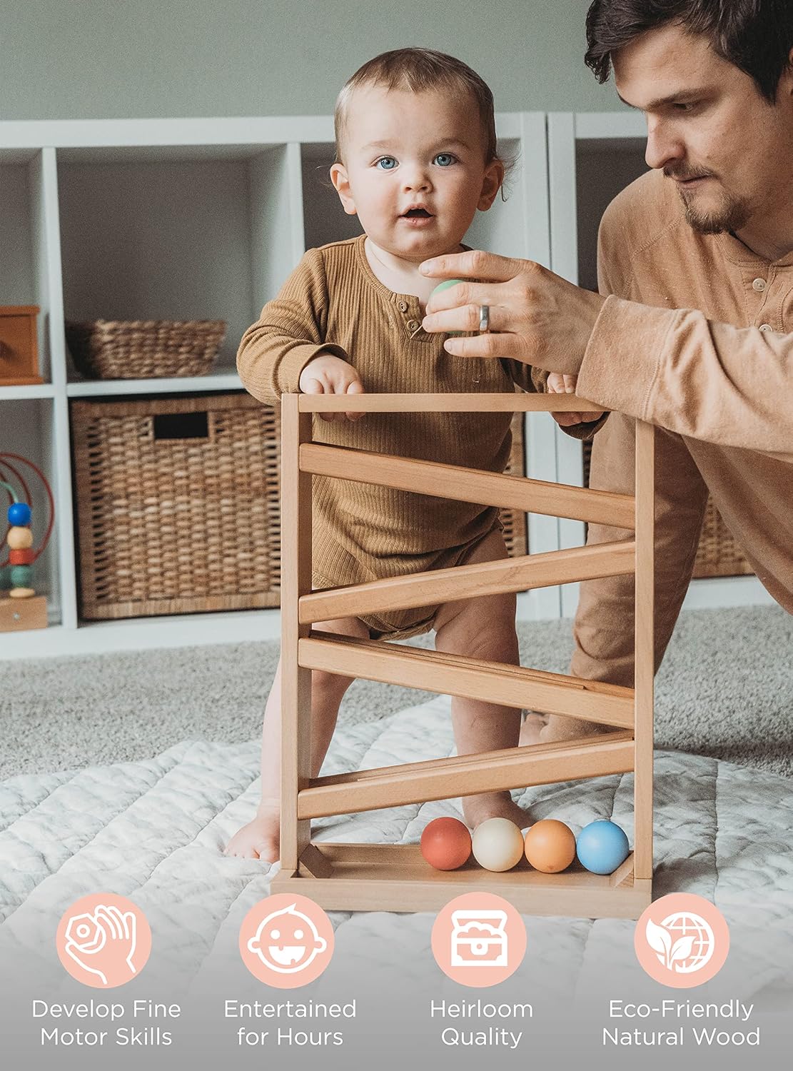 Montessori & Me wooden ball tracker with open zigzag rails and balls - view 4