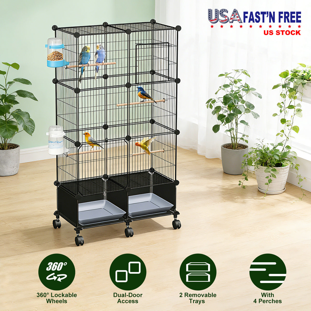1Pc 46in Bird Cage Spacious Indoor Pet Bird House With 4 Wooden Perches 2 Slide-Out Tray 2 Water Bottle Feeder Lockable 