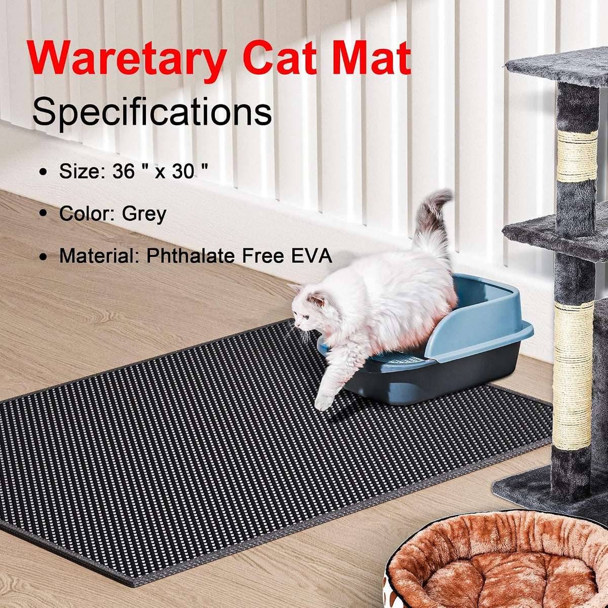 Waretary Cat Litter Mat, 36"x30", Waterproof, Scatter Control - Black / 36"x 30" - image 2