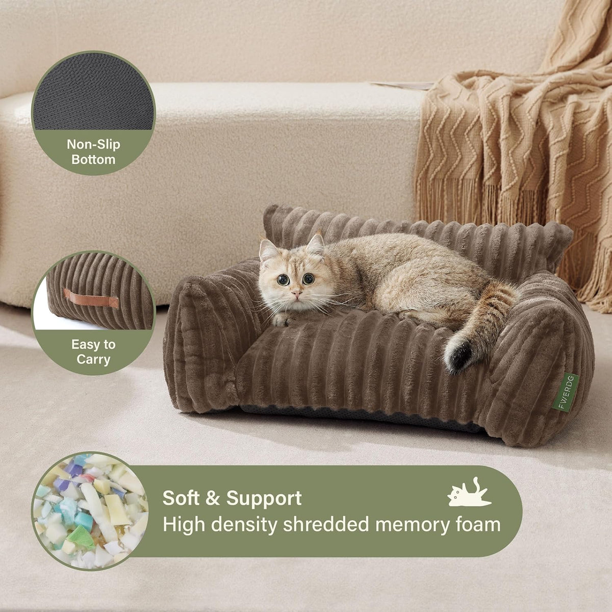 Cute Couch Bed for Pets, Supportive Cat Sofa for Indoor Cats - 24.0"L x 18.0"W x 10.0"Th / Brown - image 4