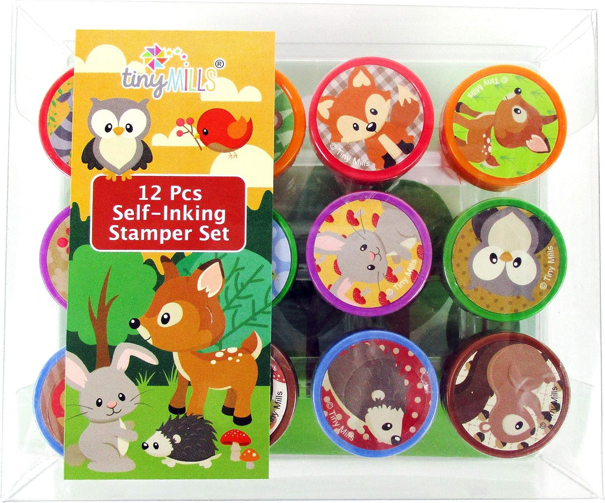 TINYMILLS woodland animal self-inking stamps for kids, 12 piece set in clear box - view 3