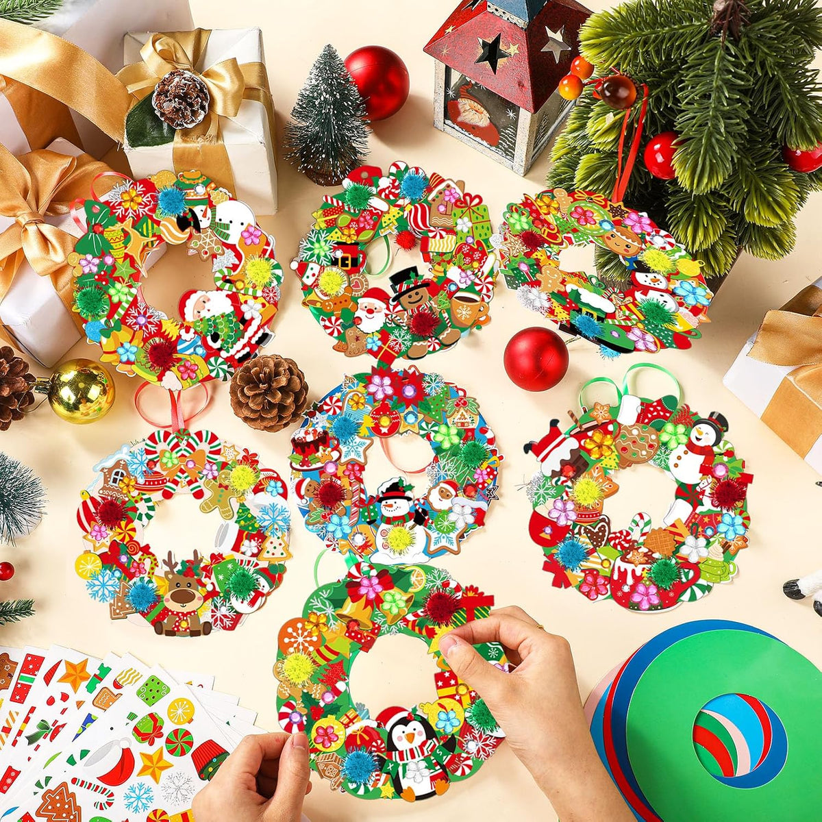 Hollowfly Thanksgiving paper wreath craft kits with gem stickers, ribbons and wool balls - view 14