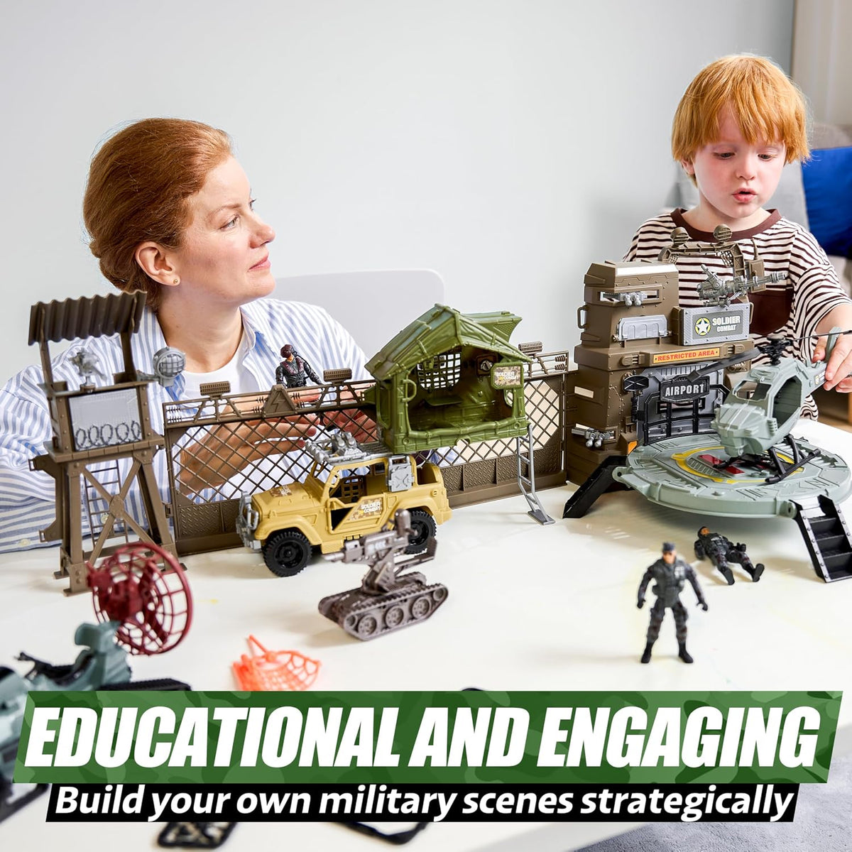 SYNCFUN military toy set with army base watchtower, helicopter, truck, boat and soldier figures - view 2