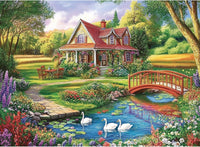 EIYRURU 300 piece jigsaw puzzle of a cottage garden with swans and bridge - view 6