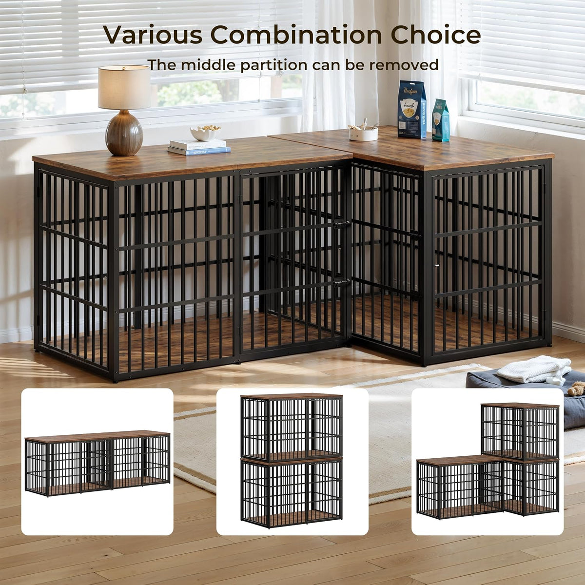 Lyromix 48'' XXL Dog Crate Furniture with 3 Doors for Large Dogs – Essentials for Dogs - Brown / 53.9"L x 31.9"W x 37.2"H - image 2