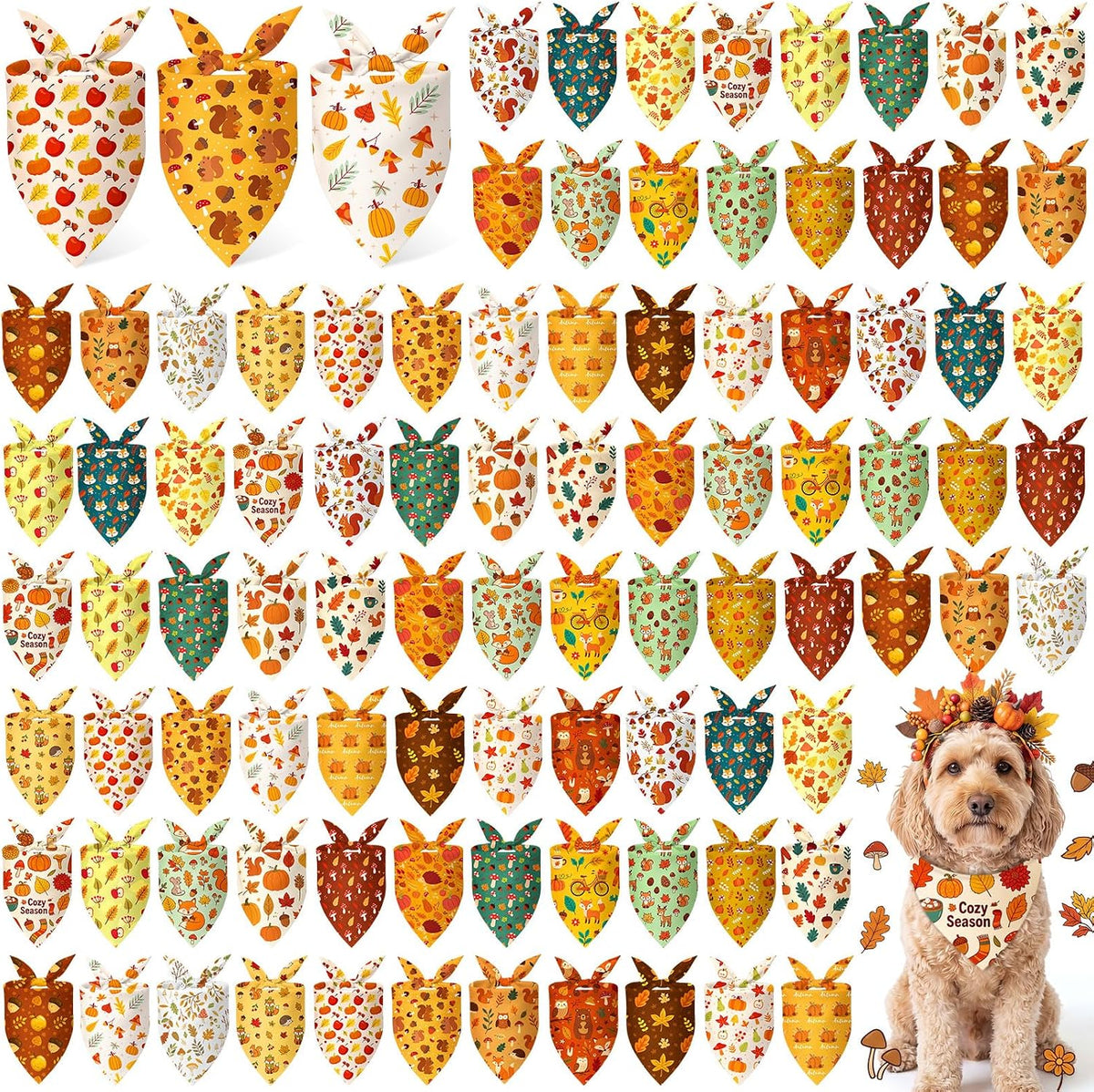 Abbylike 100 Pcs Fall Thanksgiving Dog Bandanas Bulk - Woodland Autumn / 19.7 x 13.8 x 13.8 Inch