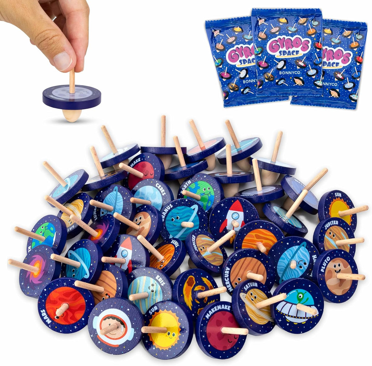 BONNYCO Wood Spinning Top 40 Pack of Animal Birthday Party Favors - Space / 40 Pack