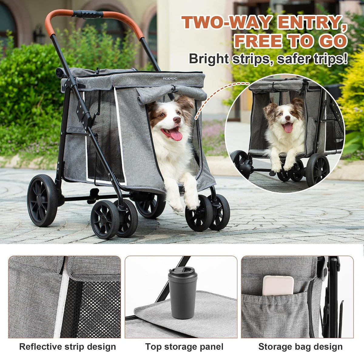 Medium Dog Stroller, Dual Entry One-Touch Folding - Grey - image 3