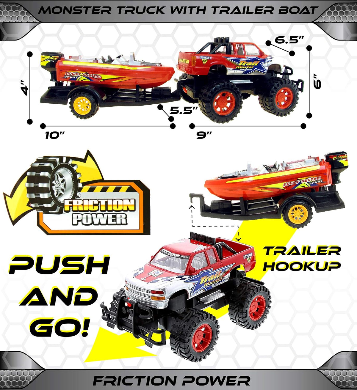 Mozlly Set of Friction-Powered Monster Truck with Boat Trailer Toy - image 2