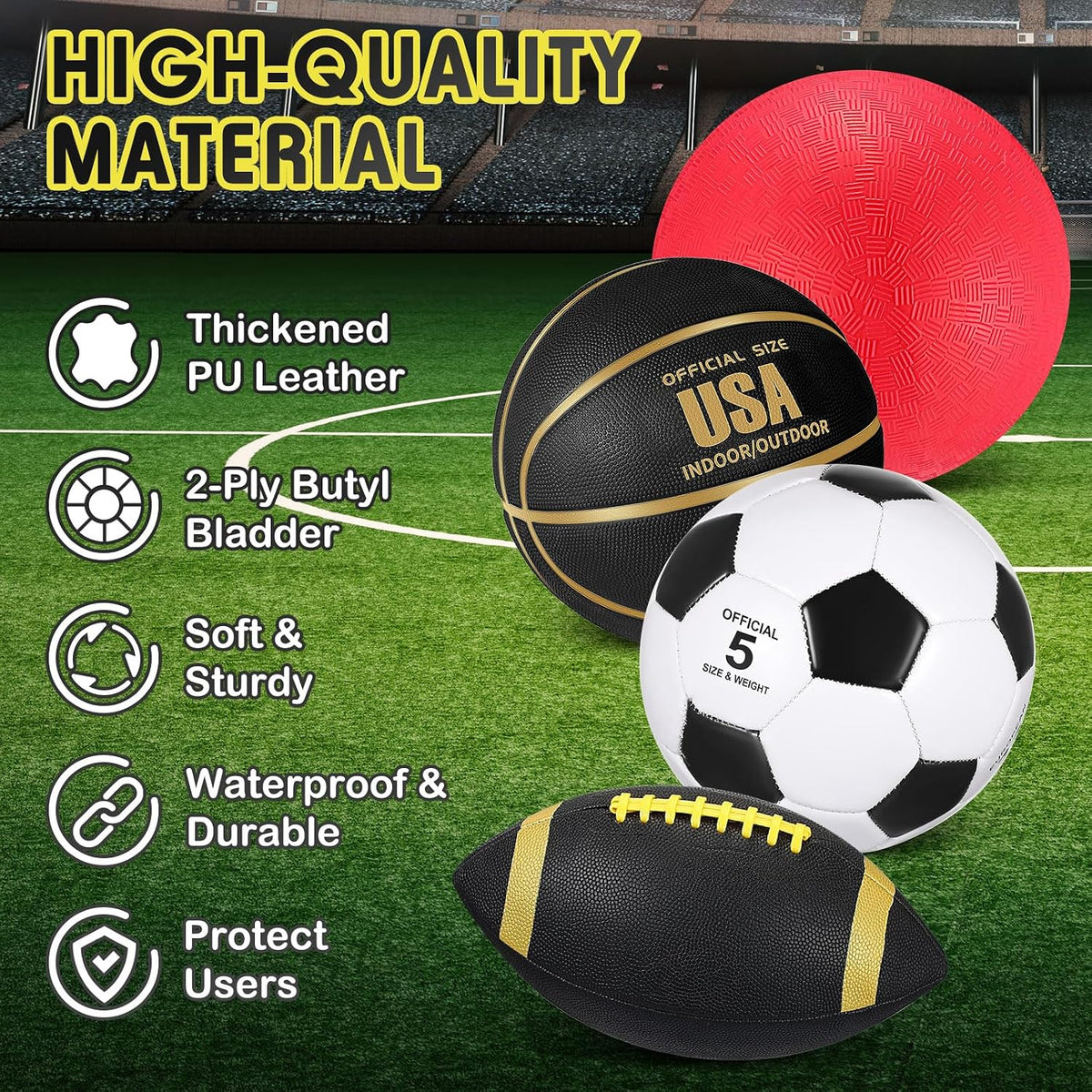 Lenwen sports balls set with basketball, soccer ball, football, playground ball, pump and bag - view 7