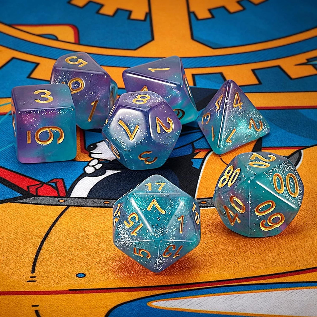 QMAY DND Dice Set - 7Pcs Blue Mix White Polyhedral Dice with Black Dice Bag – Fun for Kids & Family - Purple Light Blue Glitter - image 2