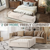 Ottoman with Storage, Tufted Storage Bench for Bedroom, 48" Fabrics End of Bed Bench, Upholstered Entryway Shoe Benches with Rolled Arm & Inner Zipper, Window Ottomans Chest with Rivets, Beige