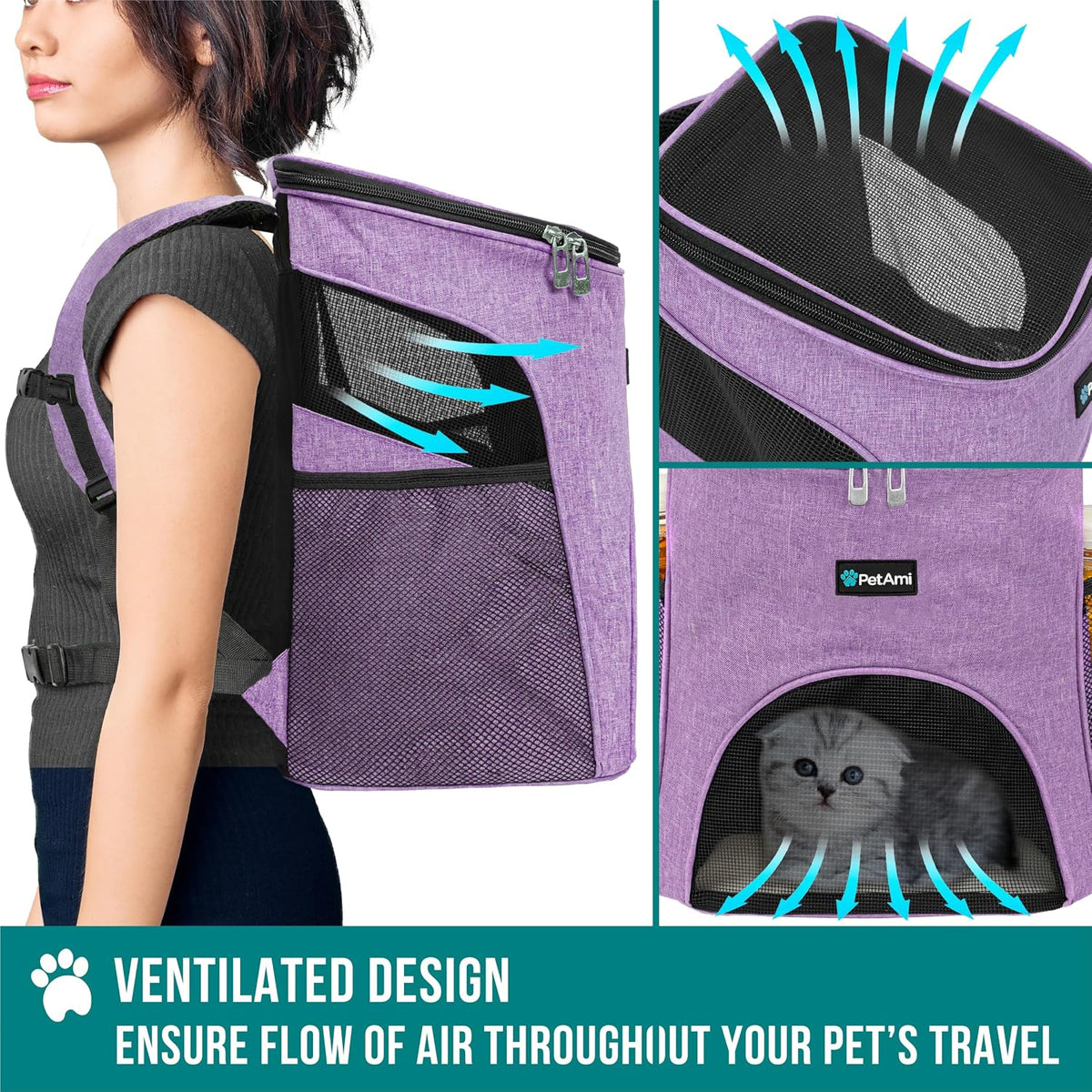 PetAmi Cat Backpack Carrier for Small Dogs and Large Cats - Heather Purple - image 4