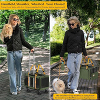 PAWZIDEA Expandable Pet Carrier with Wheels, 18X11X11 TSA Airline Approved Cat Carrier w/ID Card for 2 Cats, Small Dog Carrier Car Seat Travel Bag, Max Weight Recommendation 18 lbs，Green