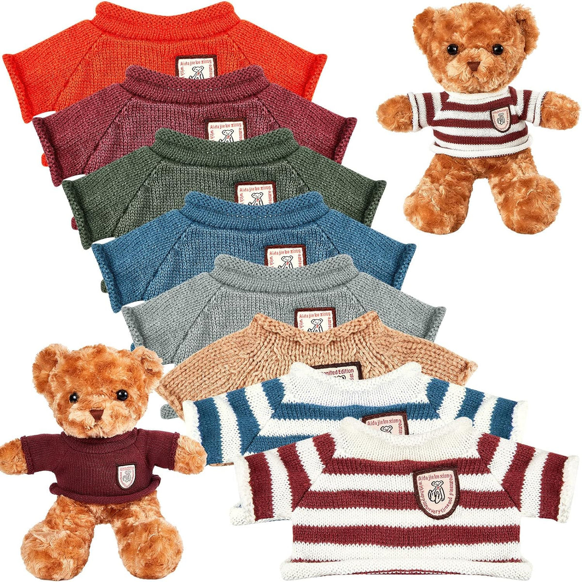 Sratte set of 8 stuffed bear sweater outfits with hearts and stripes in bright colors