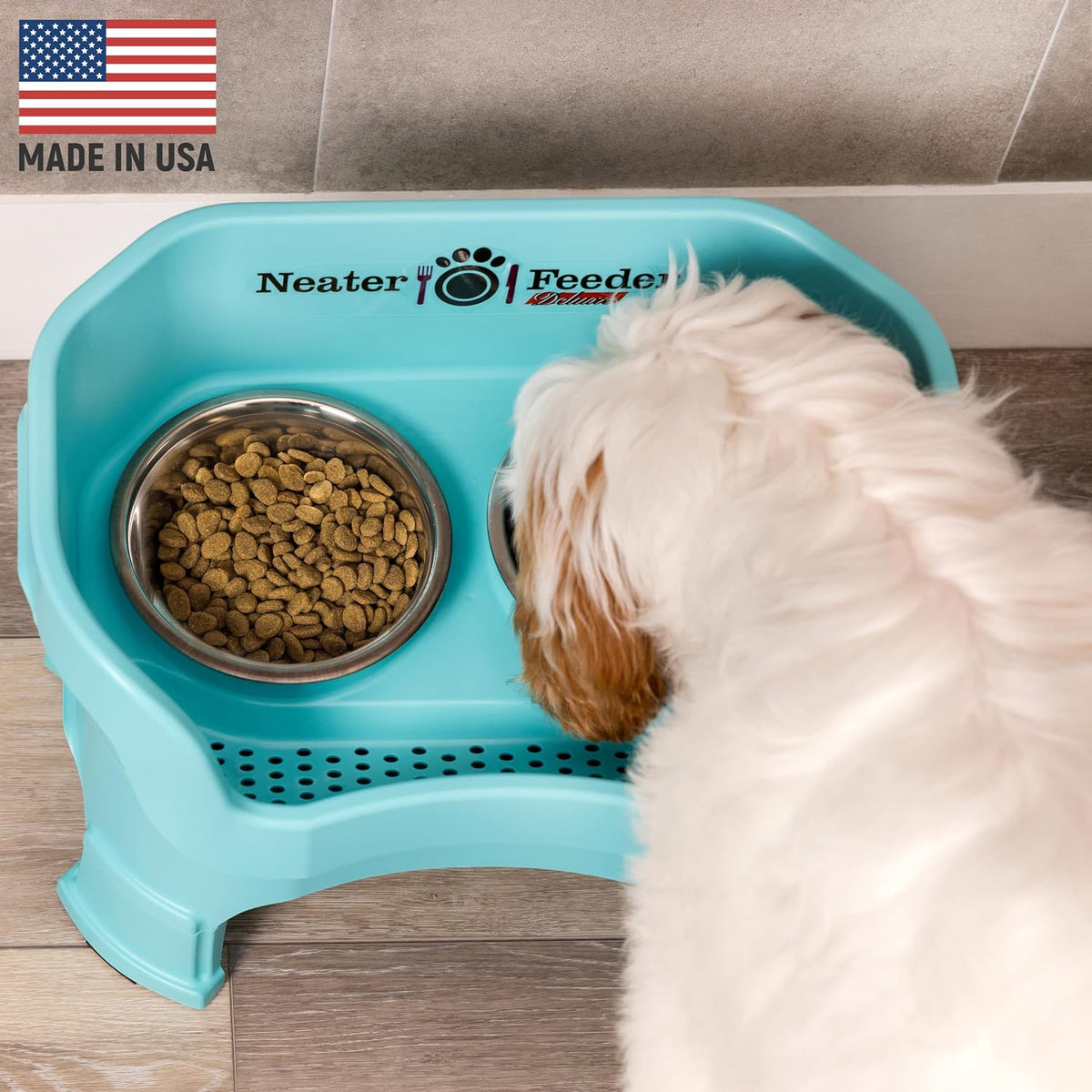 Neater Feeder Deluxe Mess-Proof Elevated Dog Bowls for Large Dogs - Medium + Standard Bowl / Aquamarine - image 2