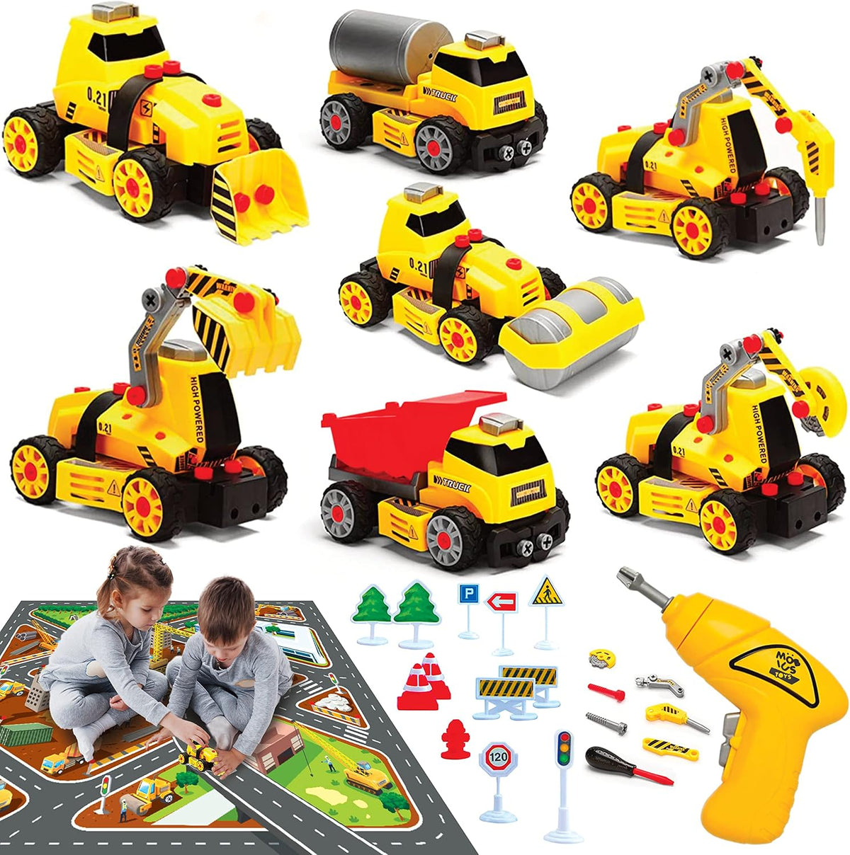 MOBIUS 7-in-1 Take-Apart Construction Truck Set with Drill - 7 in 1 Construction Playset With Accessories