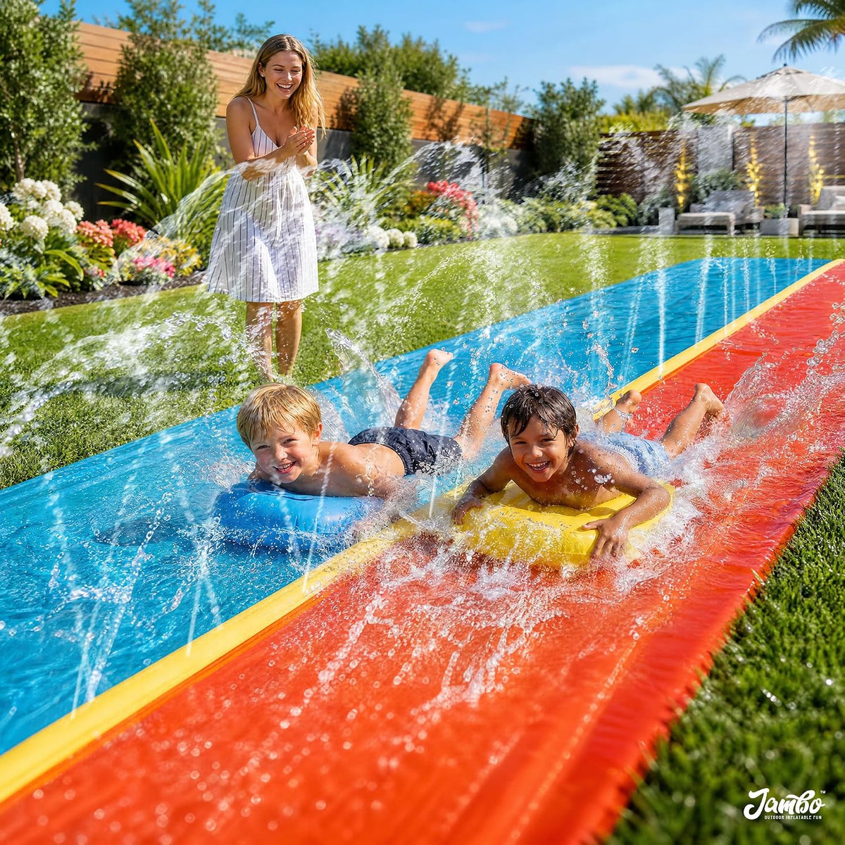 JAMBO Premium Triple Water Slide with 3 Bodyboards - 22.5ft Double Lane Yellow, Blue - image 2