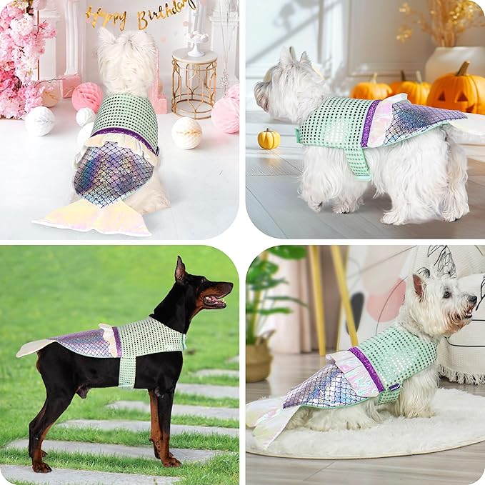 cyeollo Dog Mermaid Costume for Small Dogs Funny Dog Halloween Outfit Holiday Birthday Party Cosplay Pet Clothes Sparkly Pet Costumes, Size M