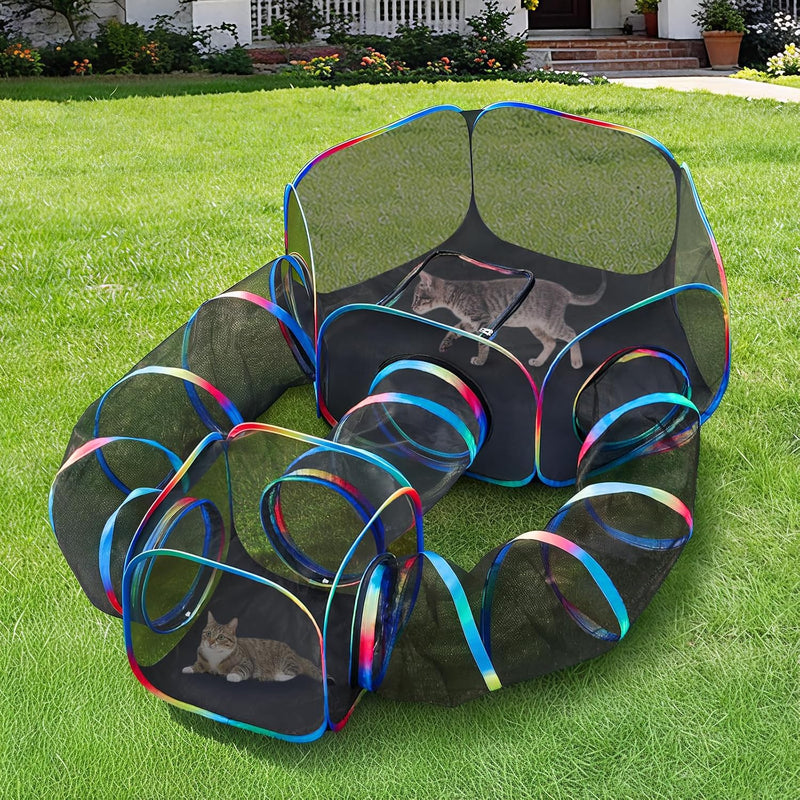 Outdoor Cat Enclosure 5-in-1 Portable Tunnels with Tent Cube Pop up - Rainbow Black 5-in-1