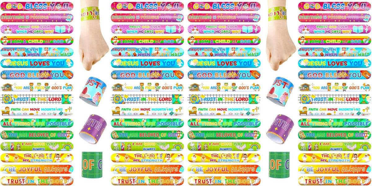POPLAY 48 pack Christian slap bracelets with Bible verses, crosses and doves