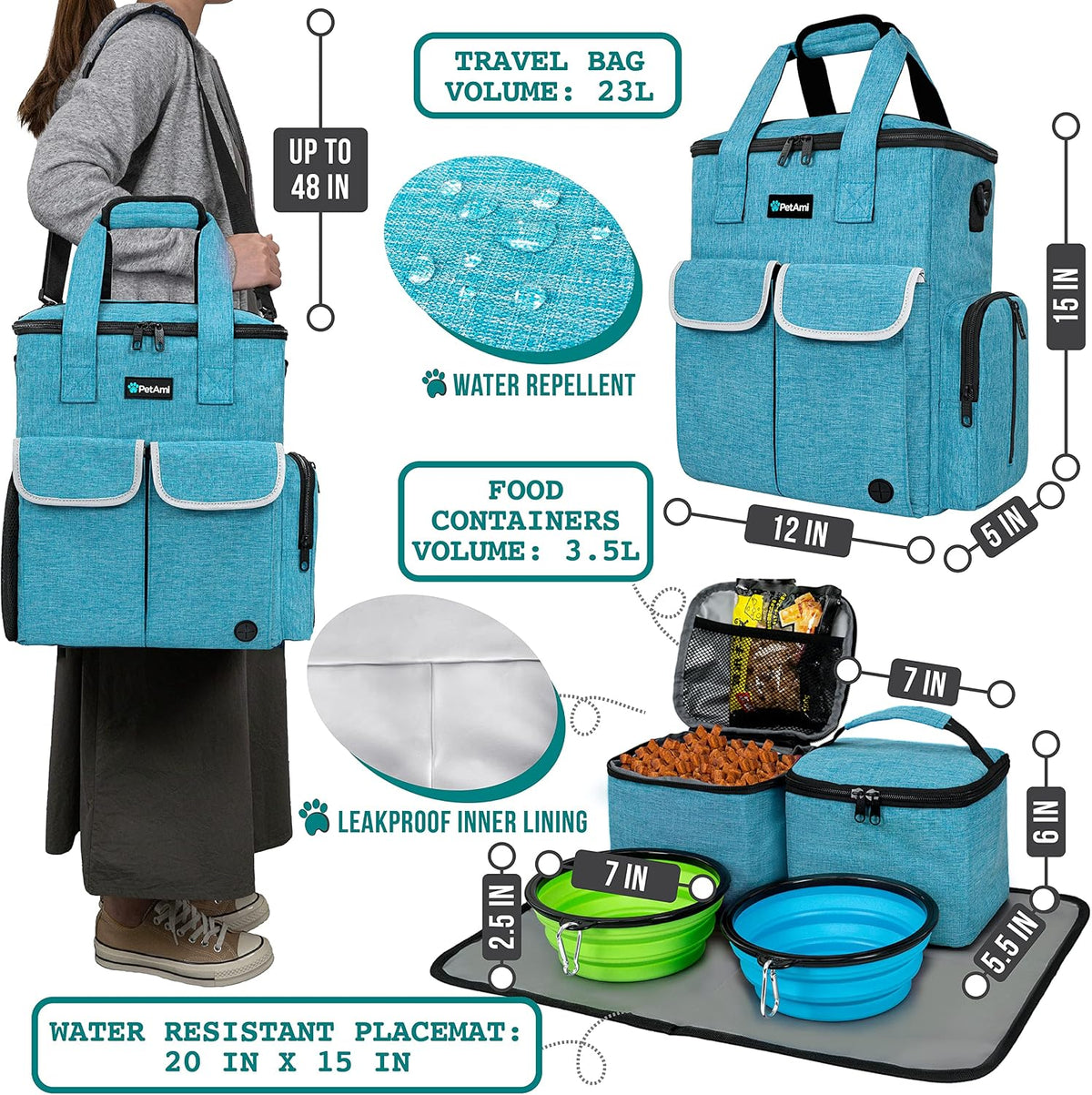 PetAmi Dog Travel Bag Organizer, Pet Supplies Diaper Tote - 12.0"L x 5.0"W x 15.0"H / Sea Blue - image 2