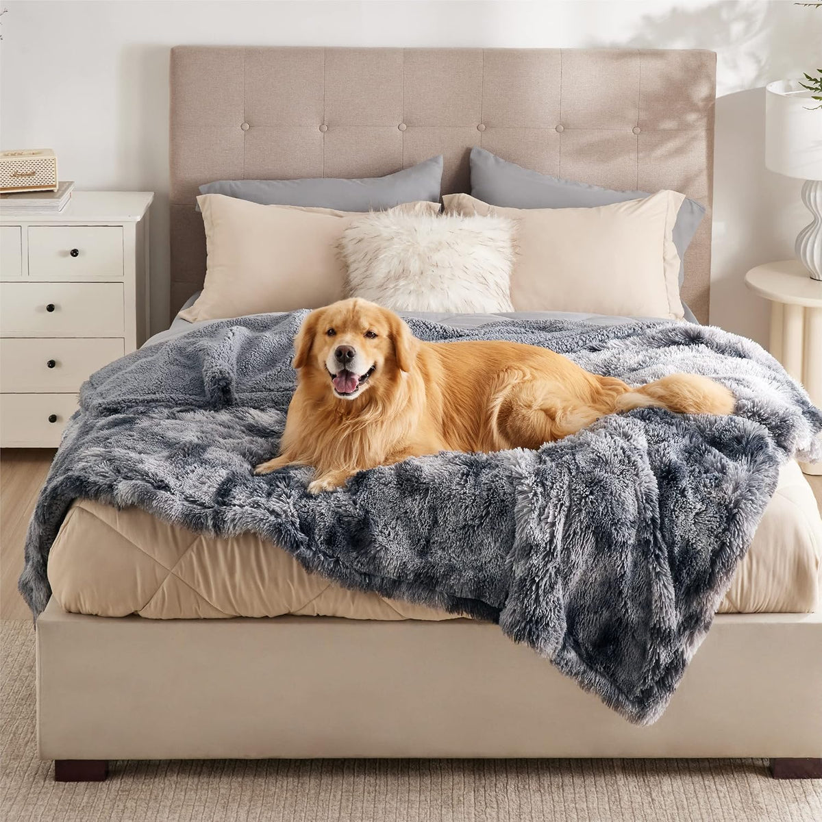 Bedsure Waterproof Dog Blankets for Large Dogs, Fluffy Faux Fur - Tie-dye Grey / XXL(60x80")
