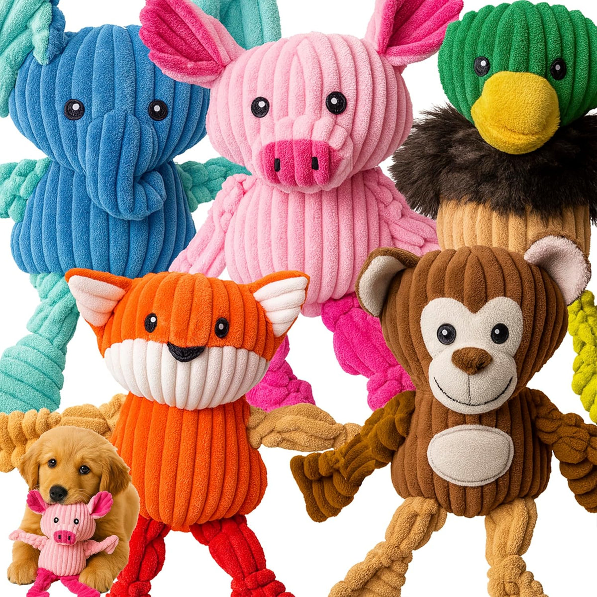Jalousie Plush Toys Assortment Value Bundle Puppy Pet Mutt Squeak Toy - Knotted
