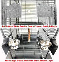 X-Large Elegant and Durable Wrought Iron Play Ground Perch Stand Top Climbing Ladder Bird Parrot Rolling Metal Cage with Around Seed Guard Storage Shelf On Heavy Duty Lockable Rolling Wheels