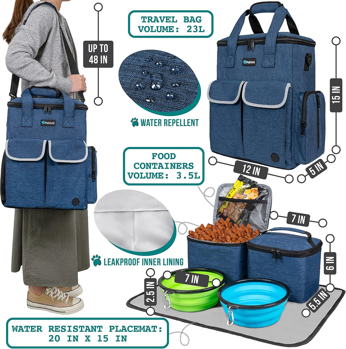 PetAmi Dog Travel Bag Organizer, Pet Supplies Diaper Tote - 12.0"L x 5.0"W x 15.0"H / Heather Navy - image 2