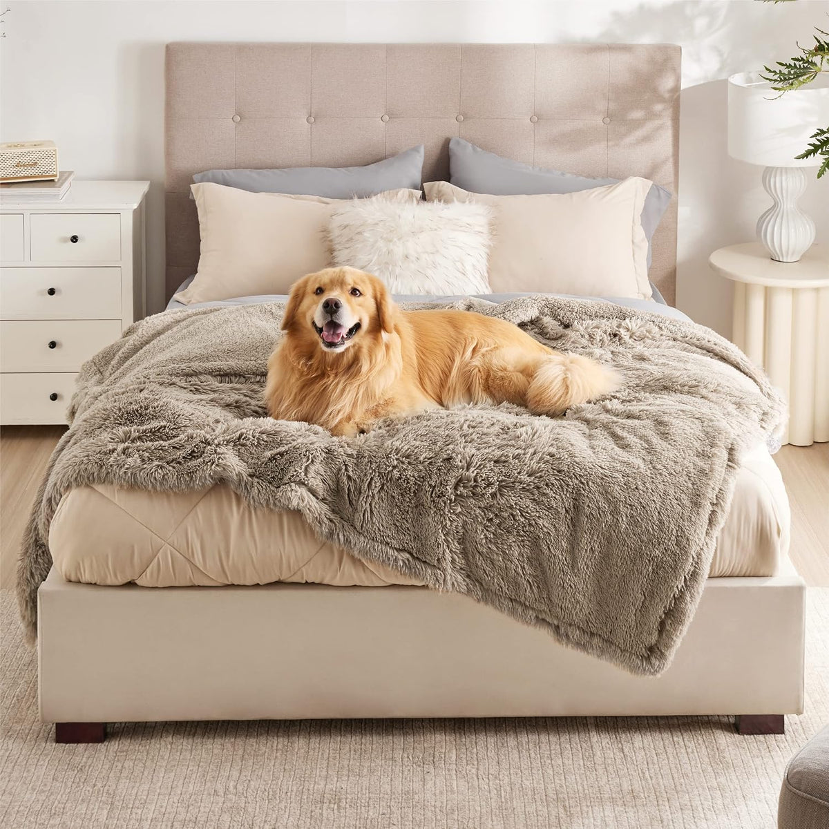 Bedsure Waterproof Dog Blankets for Large Dogs, Fluffy Faux Fur - Light Brown / XXL(60x80")