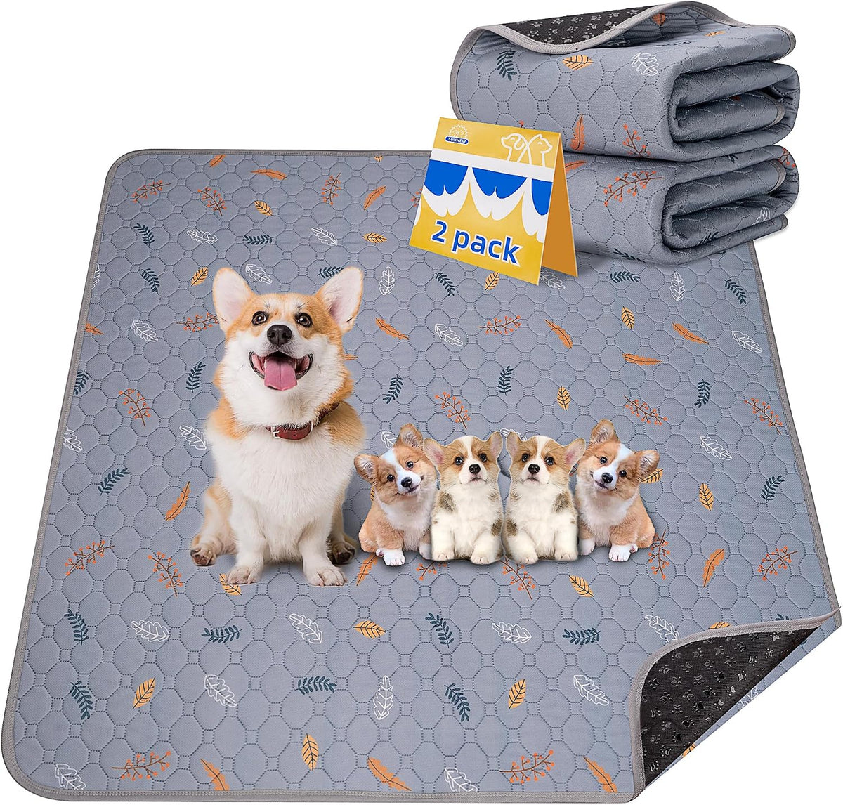 Washable Pee Pads for Dogs - Leaves - Light Grey / 31x36 Inch (Pack of 2)