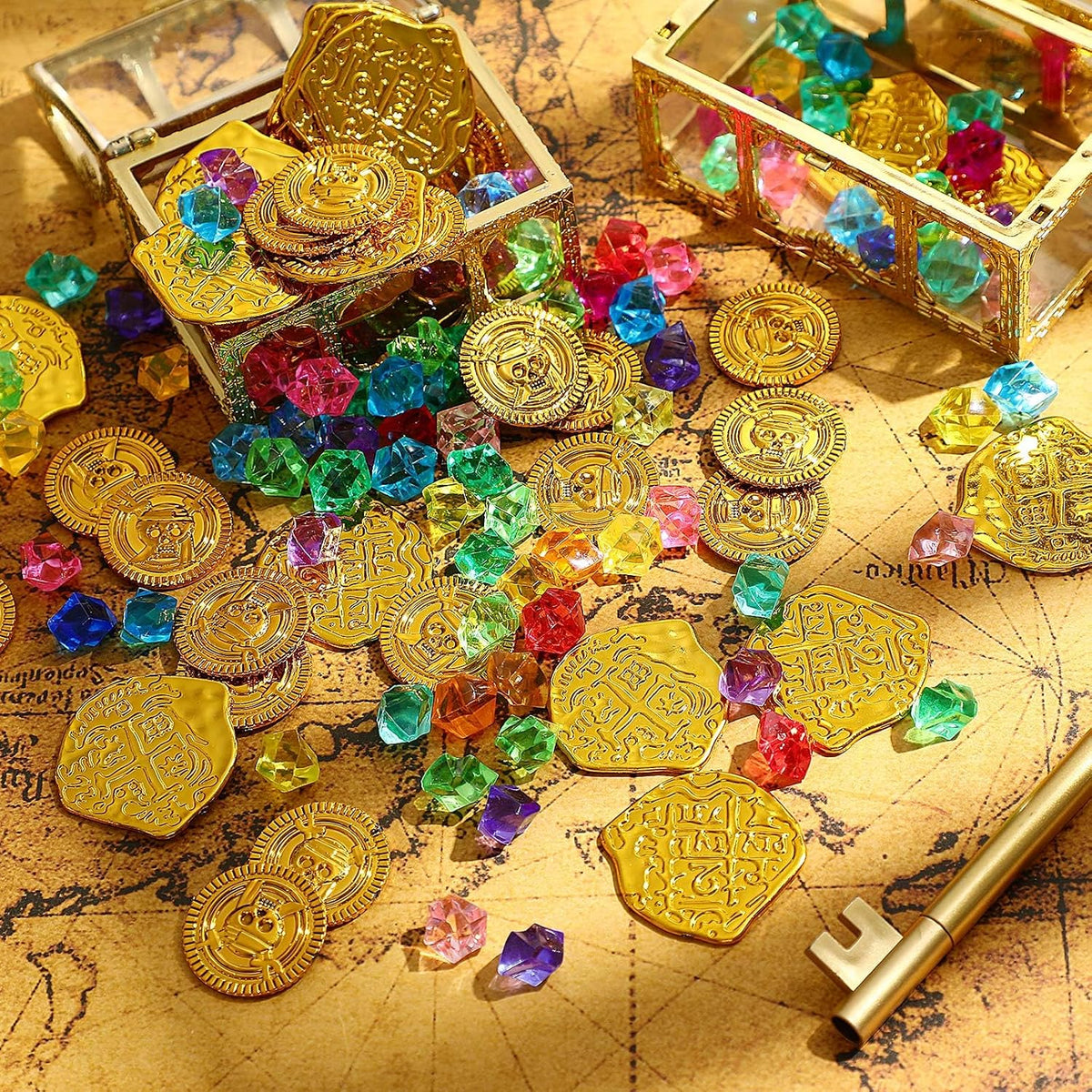 Hanaive 150 Pcs Plastic Pirate Gold Coins Fake Gems Set - Gold / Mixing - image 4
