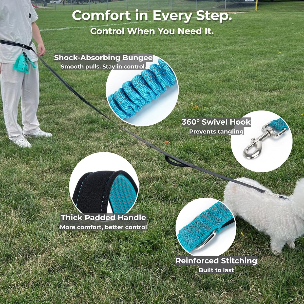 Hands Free Dog Leash, Waist & Crossbody 2-in-1 for Jogging & Hiking – Essentials for Dogs - Aqua Blue / Medium (6–8FT) - image 4