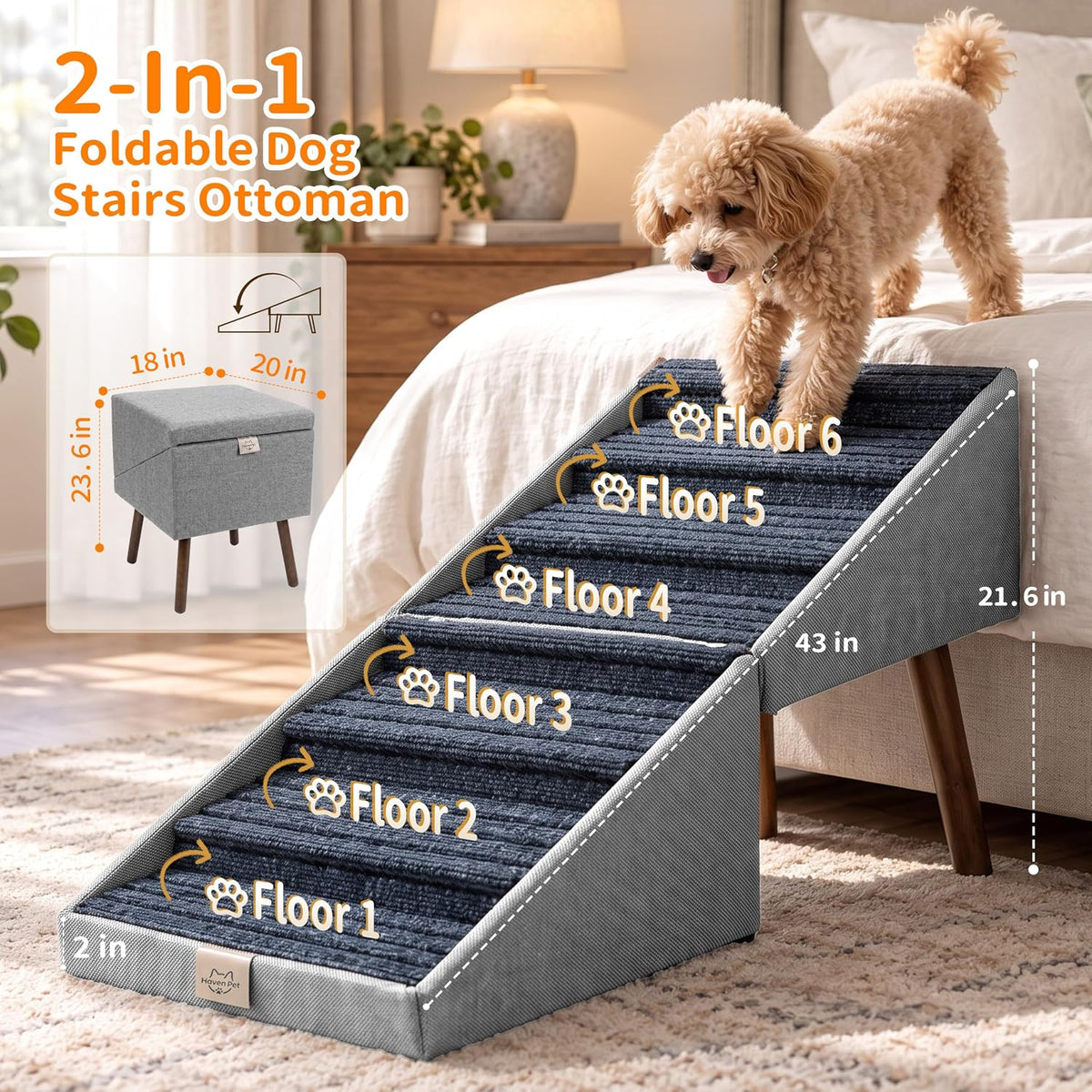 XXL 2-in-1 Ottoman Dog Stairs for Large Dogs - Gray H 21.6" - image 2