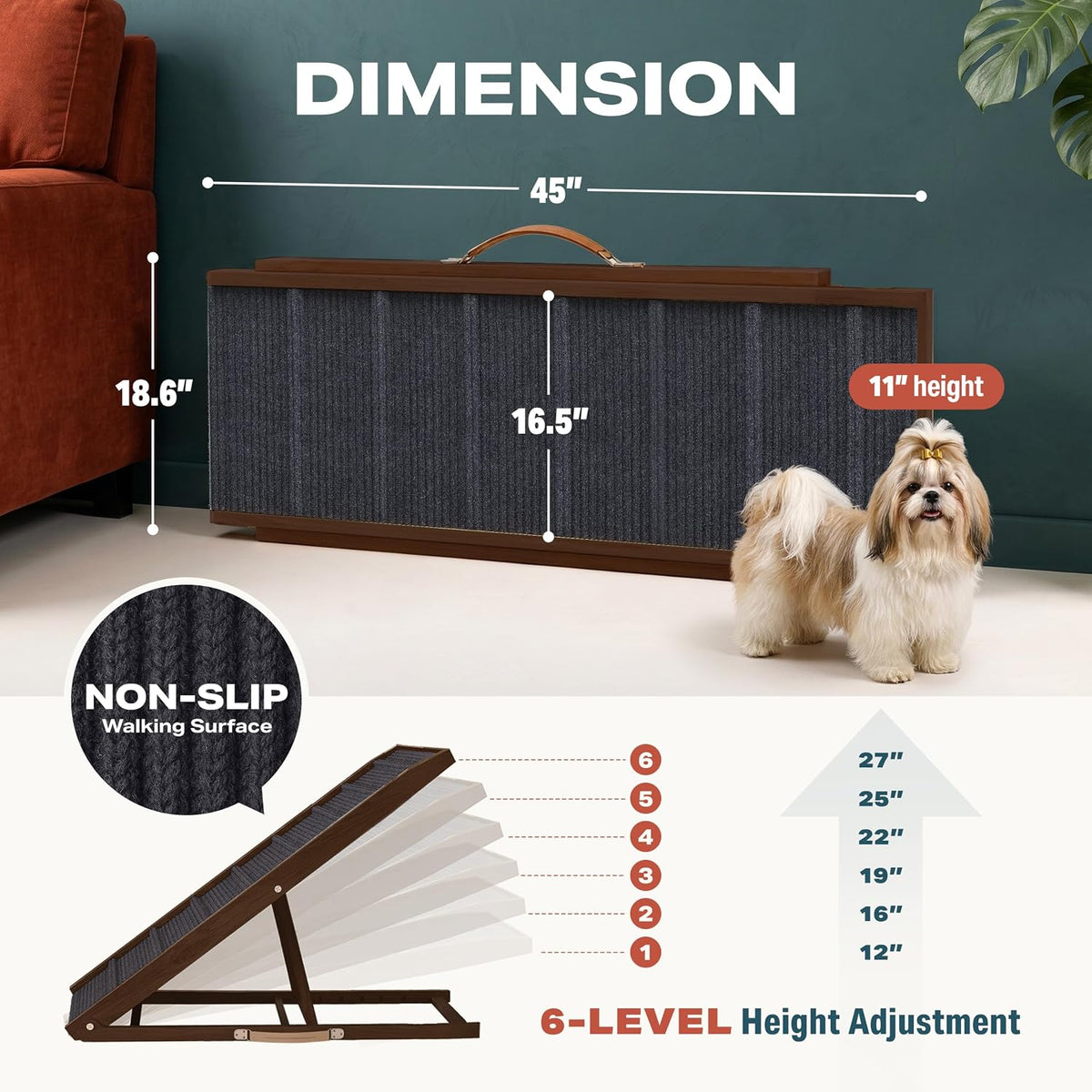 Adjustable Dog Ramp for Bed, Wooden Dog Ramp for Couch - Brown / 45" Long x 16.5" Walking Space - image 2