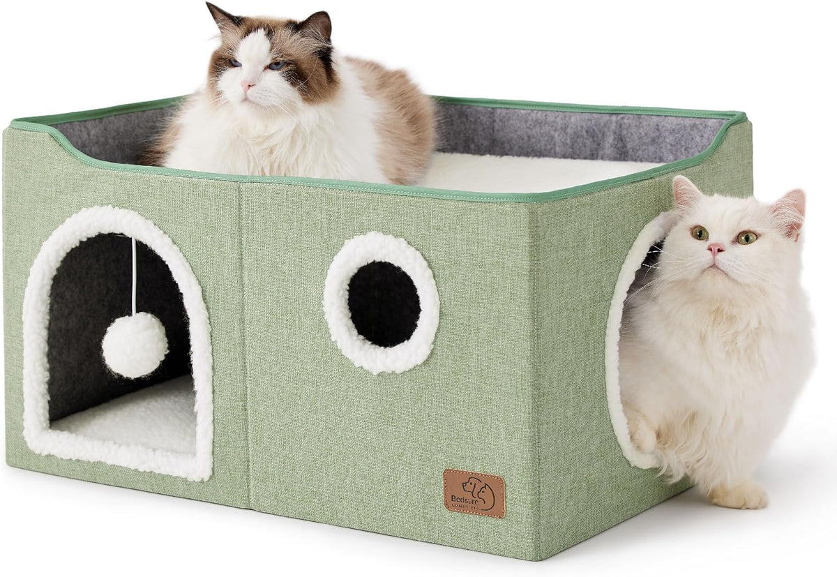 Bedsure Cat House Bed for Indoor Cats with Fluffy Ball and Scratch Pad - Green / Widen