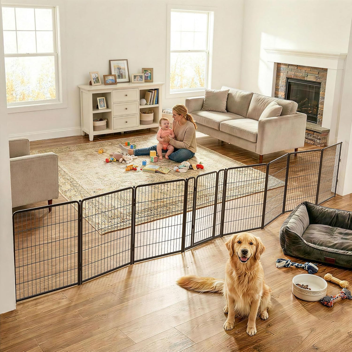 FXW Dog Gate, Extra Wide Adjustable for Openings Up to 219" - Black / Up to 219" W【7 Panels + 1 Door】 / 40"H
