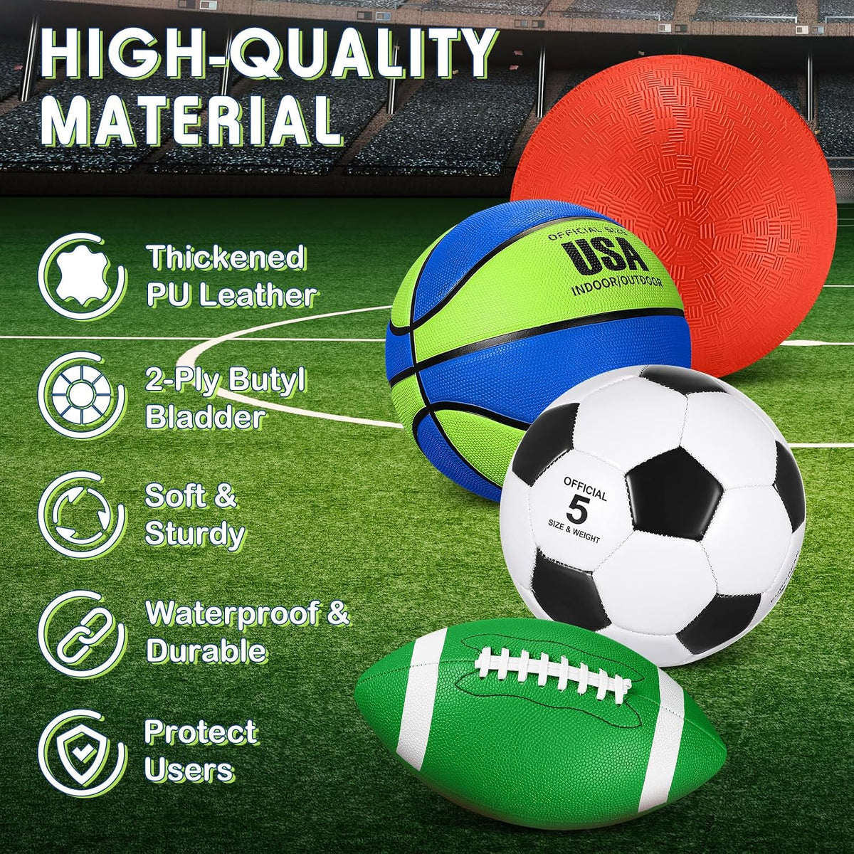 Lenwen sports balls set with basketball, soccer ball, football, playground ball, pump and bag - view 13