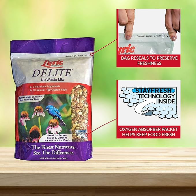 Lyric Delite Wild Bird Seed for Outside Feeders - No Waste Bird Food, Nuts & Seeds Mix, Attracts Buntings, Chickadees & Finches, 10 lb (Pack of 2-5 lb Bags)