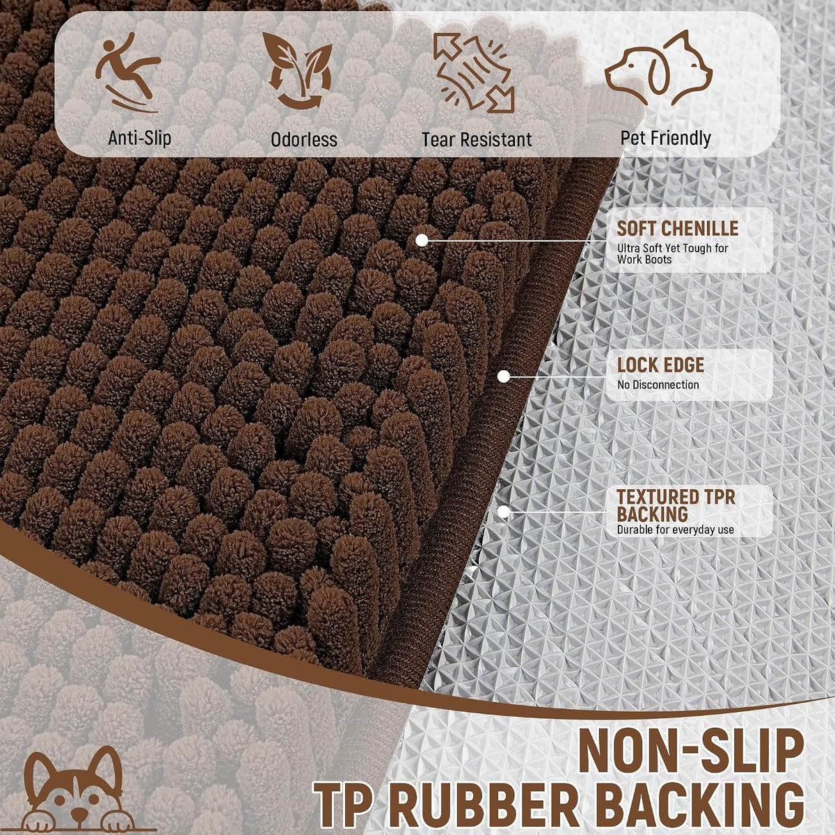 Absorbent Dog Door Mat for Muddy Paws - 60"L x 36"W x 1" Th / Brown - image 4