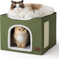 Bedsure Cat House Bed for Indoor Cats with Fluffy Ball and Scratch Pad - Loden Green / Single