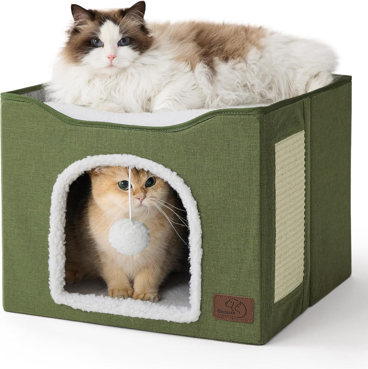 Bedsure Cat House Bed for Indoor Cats with Fluffy Ball and Scratch Pad - Loden Green / Single