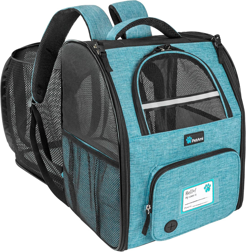 PetAmi Expandable Dog Cat Backpack Carrier, Airline Approved - 12.5"L x 10.2"W x 16.3"H / Turquoise