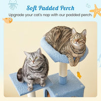 MWPO Ocean-Themed Cat Tree for Indoor Cats, 63.8 Inches Multi-Level Tower with Sisal-Covered Scratching Posts, Padded Platform, Hammock, Dangling Toys, Stable Condo Pet Play House, Blue