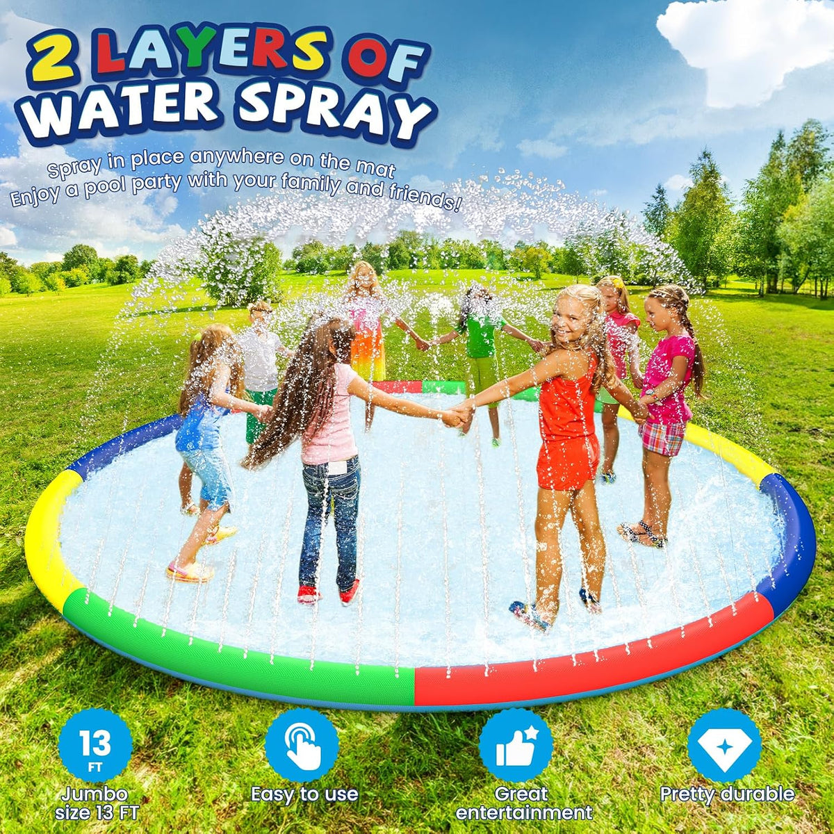 ODOSOLA large non-slip kids splash pad spraying water on a backyard lawn - view 6
