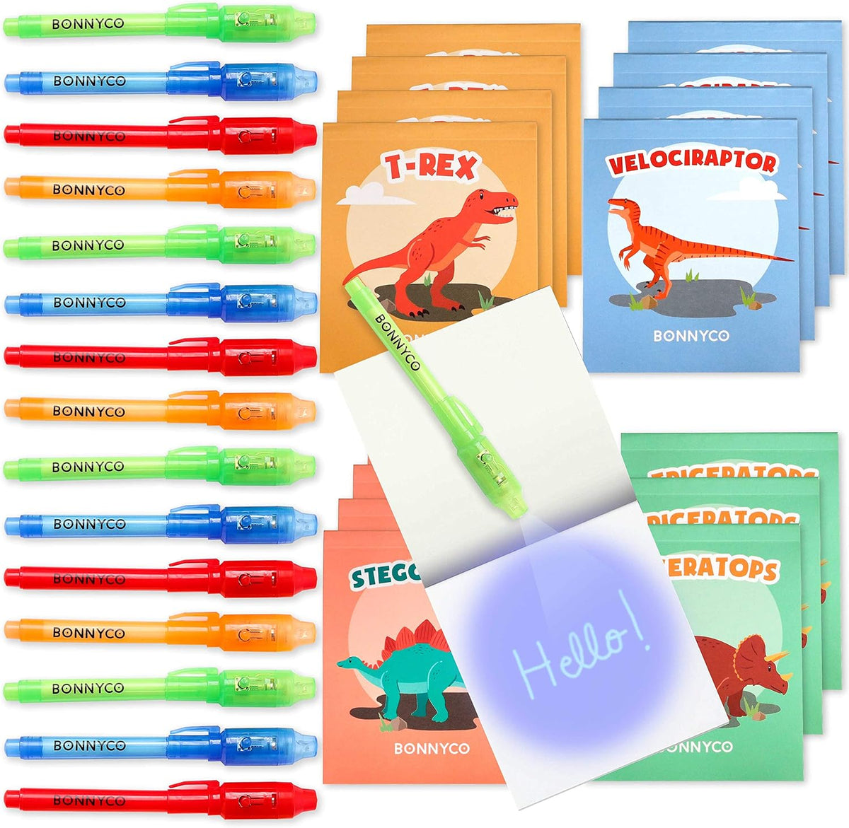 BONNYCO Invisible Ink Pen and Notebook Pack of 16 Party Favors - Dinosaurs - Pack 16