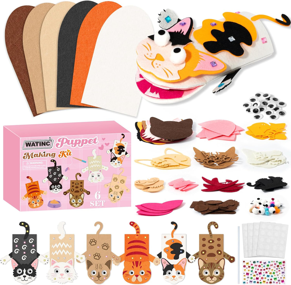 WATINC Hand Puppet Making Kit, Felt Sock Puppet Toys for Kids – Fun for Kids & Family - Cat B