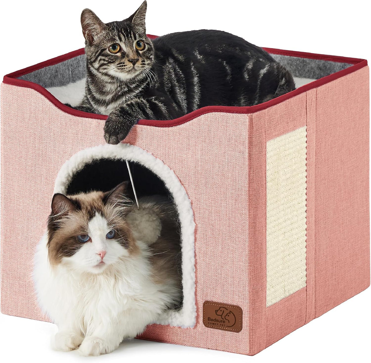 Bedsure Cat House Bed for Indoor Cats with Fluffy Ball and Scratch Pad - Pink / Single