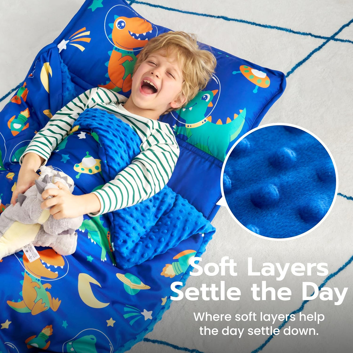JOIEDOMI Toddler Nap Mat with Removable Pillow and Minky Blanket - Dark Blue Dinosaur - image 2